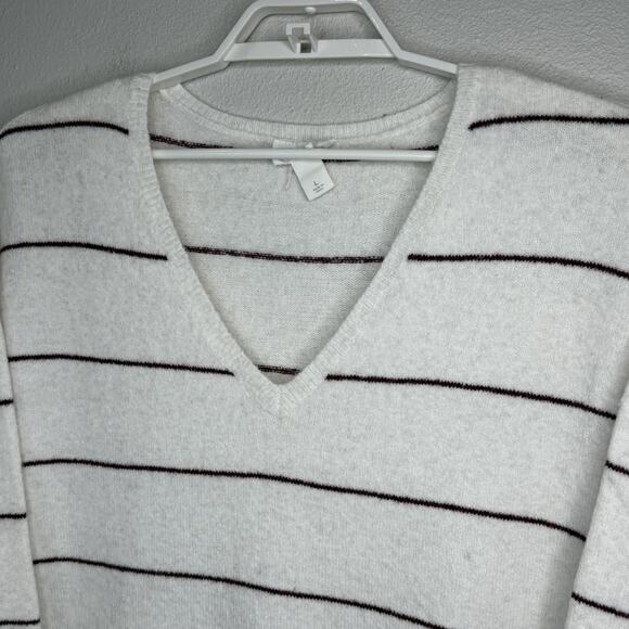 Loft Lounge Tunic Pullover Sweater Womens Size Large White Maroon Stripe V-Neck - Picture 2 of 6